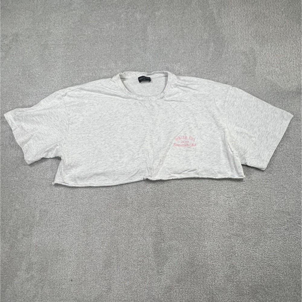 White‎ Fox Essentials Club Cropped Graphic T-Shirt Heather Grey Pink Logo L/XL